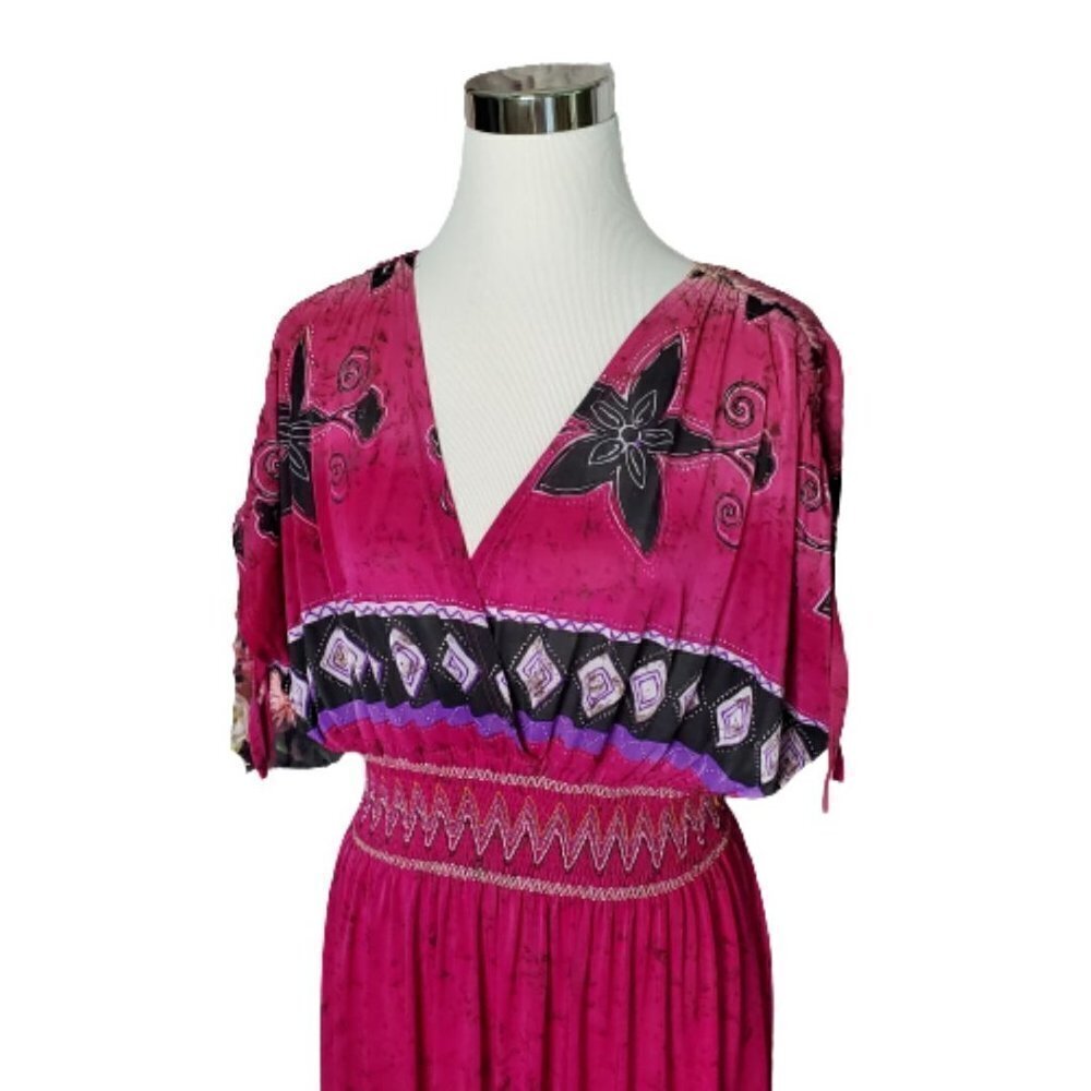 jessica Taylor Pink Floral Pullover V-Neck Back Smocked Waist Midi Dress Large - Picture 3 of 7